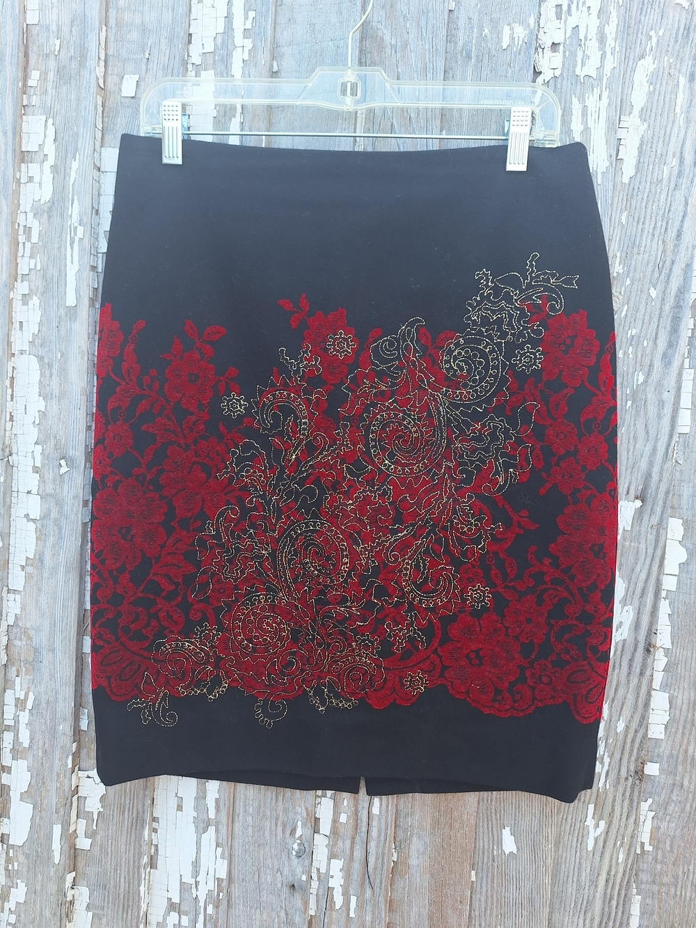 Etcetera Black Pencil Skirt with Red and Gold Embroidery Wool Blend Size 8